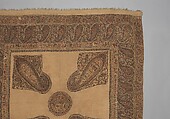 Shawl, Wool; plain weave, appliquéd with embroidered panels