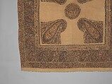 Shawl, Wool; plain weave, appliquéd with embroidered panels