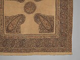 Shawl, Wool; plain weave, appliquéd with embroidered panels
