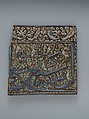 Tile From an Inscriptional Frieze, Stonepaste; underglaze painted in blue, luster-painted on opaque white ground, modeled