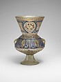Mosque lamp, Glass, colorless with brownish tinge; free blown; enameled with red, blue, white, yellow, and green; gilded; six loops for suspension and foot attached.