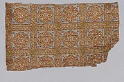 Textile Fragment from the Dalmatic of San Valerius, Silk, gilt animal substrate around a silk core; lampas with seperable layers in the ground weave
