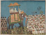 Three Noblemen in Procession on an Elephant, Painting by Venkatchellum (Indian, active 1780s–90s), Opaque watercolor and gold on paper