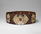 Man's Belt, Silve; fire-gilded and chased, with table-cut carnelians; mounted on leather