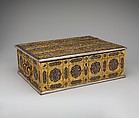 Writing Box with Lattice and Flower Design, Wood; overlaid with dyed wool, stamped silver and gilt-copper plaques