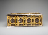 Writing Box with Lattice and Flower Design, Wood; overlaid with dyed wool, stamped silver and gilt-copper plaques