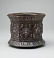 Mortar and Pestle made for Abu Bakr 'Ali Malikzad al-Tabrizi, Bronze; inlaid with silver and black compound