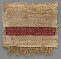 Sleeve Fragment with a Band Decorated with an Animal, Tapestry weave in red wool (dyed with madder) and undyed linen on plain-weave ground of undyed linen; details in flying shuttle in undyed linen; weft loop pile with undyed linen