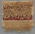 Sleeve Fragment with a Band Decorated with an Animal, Tapestry weave in red wool (dyed with madder) and undyed linen on plain-weave ground of undyed linen; details in flying shuttle in undyed linen; weft loop pile with undyed linen