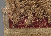 Sleeve Fragment with a Band Decorated with an Animal, Tapestry weave in red wool (dyed with madder) and undyed linen on plain-weave ground of undyed linen; details in flying shuttle in undyed linen; weft loop pile with undyed linen