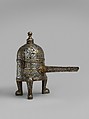 Incense Burner, Brass; cast with handle made of separately hammered sheet, pierced, inlaid with silver and gold