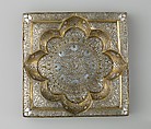 Square Tray with Recessed Medallion, Brass; hammered, engraved, inlaid with silver