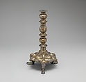 Tripod Candlestick, Brass; inlaid with silver, gold, and black compound