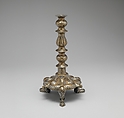Tripod Candlestick, Brass; inlaid with silver, gold, and black compound