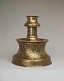 Candlestick with Repeating Seated Figure, Inscription, and Flowers, Brass; cast, engraved, and originally inlaid with silver