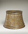 Candlestick with Enthronement Scene, Brass; engraved, incised, inlaid with silver