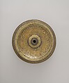 Candlestick with Enthronement Scene, Brass; engraved, incised, inlaid with silver