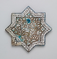 Eight-pointed Star Tile with Foliage and Inscription, Stonepaste; luster-painted on opaque white glaze under transparent glaze