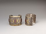 Armband, One of a Pair, Silver, with stamped beading, silver shot, decorative wire, and glass inlays backed with cloth, lacquer, or paper