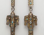 Whip, One of a Pair, Silver; fire-gilded with horse head terminals, stamped beading, silver shot and twisted wire, cabochon turquoises and glass beads, with a leather attachment