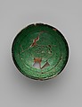 Green Glazed Bowl with Incised Decoration, Earthenware; white slip, incised under transparent green glaze