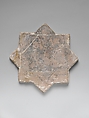 Eight-pointed Star Tile Depicting Animals and Inscription, Stonepaste; luster-painted on opaque white glaze under transparent glaze
