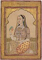 A Bejewelled Maiden with a Parakeet, Opaque watercolor and gold on paper