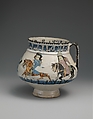 Ewer with Horsemen Inscribed in Arabic with Good Wishes to its Owner, Stonepaste; polychrome inglaze and overglaze painted on opaque monochrome glaze (mina'i)