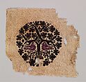 Orbiculus (Roundel) with Grapevine Inhabited by Two Purple Birds Emerging from a Pot, Wool, linen; plain weave, tapestry weave