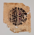 Orbiculus (Roundel) with Grapevine Inhabited by Two Purple Birds Emerging from a Pot, Wool, linen; plain weave, tapestry weave