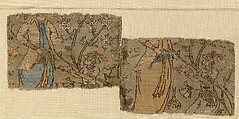 Textile Fragment Depicting Figures in a Landscape, Silk, metal wrapped thread; lampas