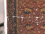 Carpet, Silk (warp and weft), wool (pile); asymmetrically knotted pile