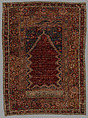 Prayer Rug with Inscription in Niche, Wool (warp, weft and pile); symmetrically knotted pile