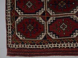 Carpet with Repeating Medallion Pattern on Red Background, Wool; (warp, weft, and pile); symmetrically knotted pile