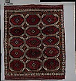 Carpet with Repeating Medallion Pattern on Red Background, Wool; (warp, weft, and pile); symmetrically knotted pile