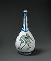Bottle Depicting Storks in Blue and Yellow on a White Background, Stonepaste; polychrome painted under transparent glaze