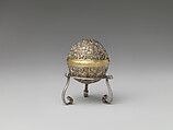 Bezoar Stone with Case and Stand, Container: silver; pierced, chased, and mercury-gilded
Goa stone: compound of organic and inorganic materials; mercury-gilded