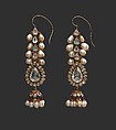 Diamond Earrings and Pearl Supports, Diamond, pearls, gold, emeralds, and enamel