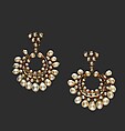 Crescent-Shaped Pearl and Diamond Earrings, Diamonds, pearls, gold, and enamel