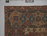 Carpet, Cotton (warp and weft), wool (pile); asymmetrically knotted pile 