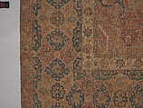 Carpet, Cotton (warp and weft), wool (pile); asymmetrically knotted pile 