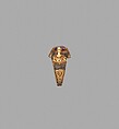 Ring, Gold; cast and fabricated from sheet, decorated with bitumen-highlighted incising, set with tourmaline bead