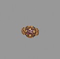 Ring, Gold; cast and fabricated from sheet, decorated with bitumen-highlighted incising, set with tourmaline bead