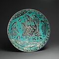Bowl with a Majlis Scene by a Pond, Abu Zayd al-Kashani (Iranian), Stonepaste; glazed in opaque turquoise, polychrome in-glaze- and overglaze- painted