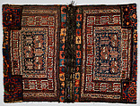 Double Flour Bag, Wool (warp, ground weft, sumak weft, and pile) and goat(?) hair (braided loops); sumak extra-weft wrapping, tapestry (kilim) with dovetailing, and border pattern in complementary weft weave (front); symmetrically knotted pile (top and bottom edges); weft-faced plain weave with two areas of pattern in sumak extra-weft wrapping with twined and braided loop closures (back)