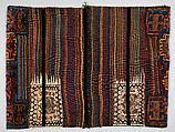 Double Flour Bag, Wool (warp, ground weft, sumak weft, and pile) and goat(?) hair (braided loops); sumak extra-weft wrapping, tapestry (kilim) with dovetailing, and border pattern in complementary weft weave (front); symmetrically knotted pile (top and bottom edges); weft-faced plain weave with two areas of pattern in sumak extra-weft wrapping with twined and braided loop closures (back)