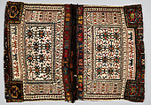 Double Flour Bag, Wool (warp, sumak weft, and pile), cotton (ground weft), and goat(?) hair (braided loops); weft-faced plain weave with pattern in sumak extra-weft wrapping (front); symmetrically knotted pile (top and bottom edges); weft-faced plain weave with pattern in sumak extra-weft wrapping and twined and braided loop closures (back)