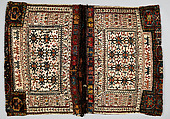 Double Flour Bag, Wool (warp, sumak weft, and pile), cotton (ground weft), and goat(?) hair (braided loops); weft-faced plain weave with pattern in sumak extra-weft wrapping (front); symmetrically knotted pile (top and bottom edges); weft-faced plain weave with pattern in sumak extra-weft wrapping and twined and braided loop closures (back)