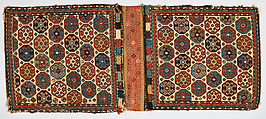 Double Saddlebag (Khorjin), Wool (warp and sumak weft), cotton (ground weft), and goat(?) hair (sumak weft); sumak extra-weft wrapping and slit tapestry (kilim) closure (front); weft-faced plain weave with pattern in supplementary brocaded weft (back)