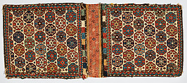 Double Saddlebag (Khorjin), Wool (warp and sumak weft), cotton (ground weft), and goat(?) hair (sumak weft); sumak extra-weft wrapping and slit tapestry (kilim) closure (front); weft-faced plain weave with pattern in supplementary brocaded weft (back)